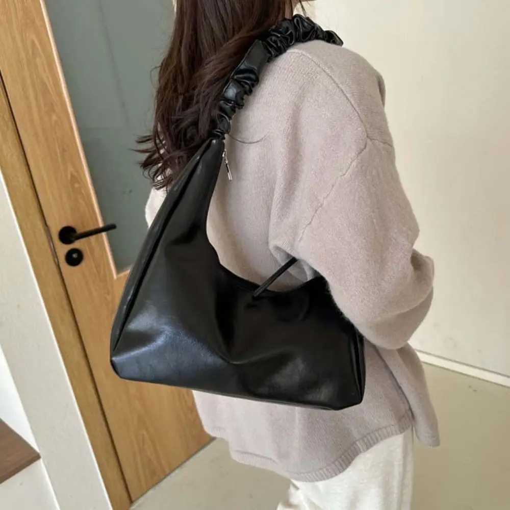 

Ruffle Bowknot Shoulder Bag Zipper Handbag Ins Half-moon Underarm Bag Korean Style Message Bag PU Leather Bow Tote Bag