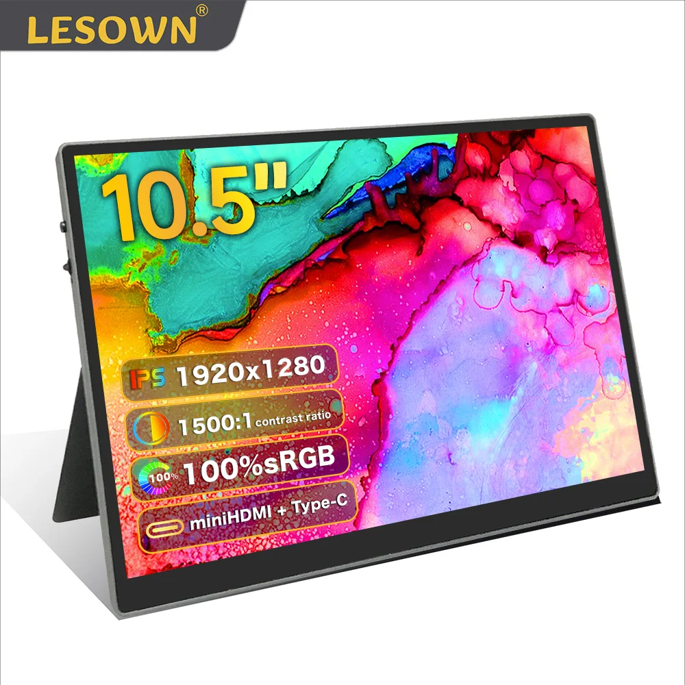 

LESOWN Small Portable Monitor 10.5 inch FHD 1920x1280 IPS Screen USB C HDMI Slim mini Display with Speakers Plastic Shell Silver