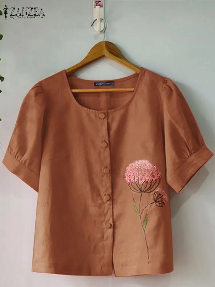 

ZANZEA Holiday 2024 Summer Tunic Tops Casual Women Floral Embroidery Short Sleeve Blouses Button Up O Neck Fashion Solid Shirts