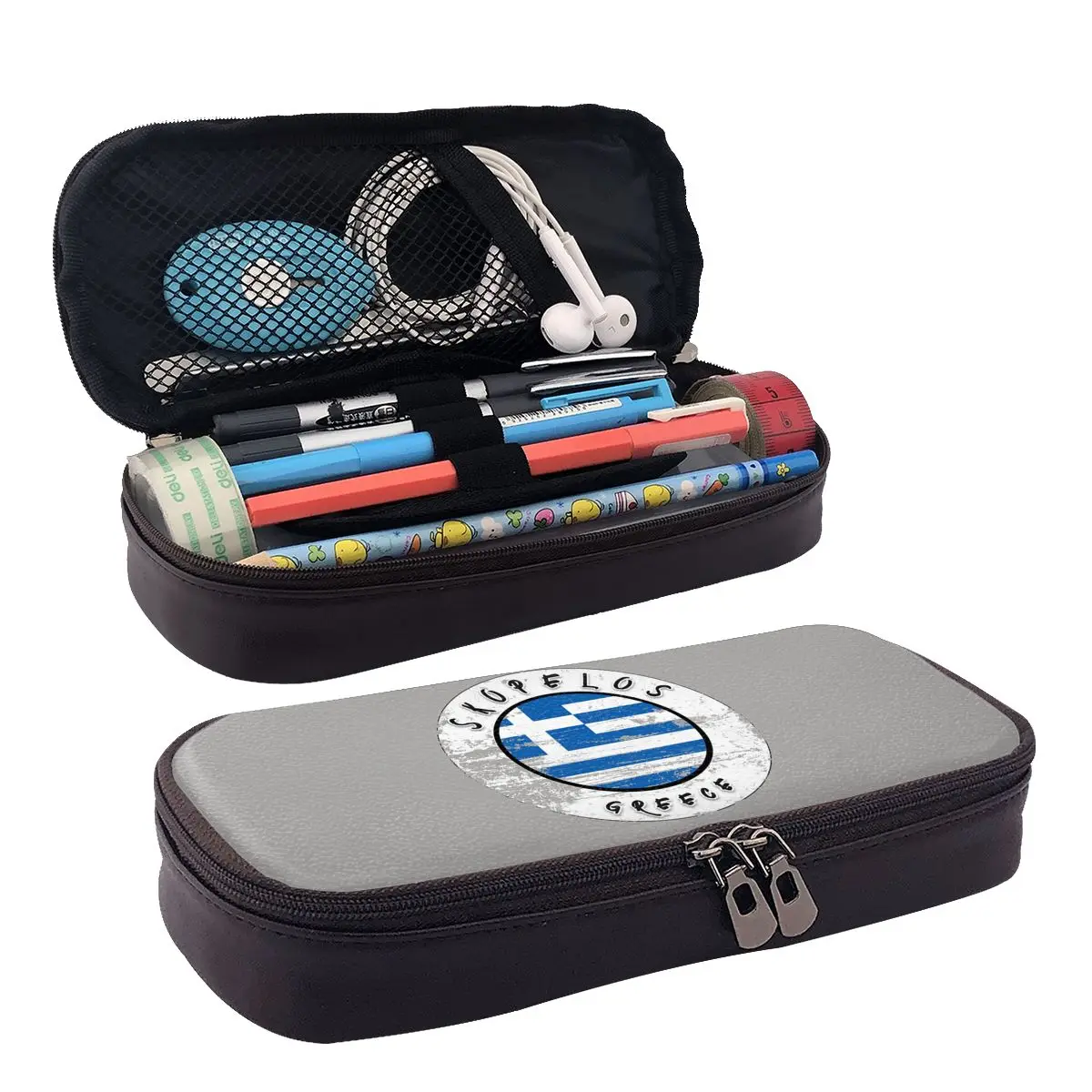 

Skopelos, винтажный кожаный пенал с флагом Греции для мальчиков и девочек, школьная коробка для ручек, сумка-карандаш, канцелярские принадлежности, сумка-держатель для ручек