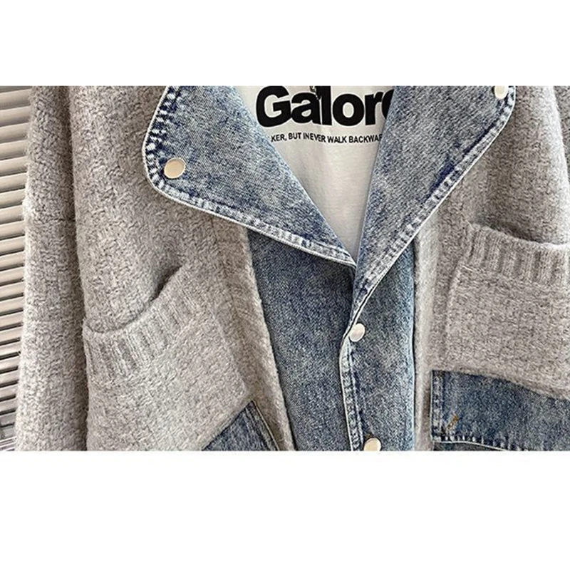 2024 Autumn Winter Retro Personality Stitching Denim Jacket Lazy Wind Knitted Sweater Cardigan Fashion Tide Comfortable Jacket