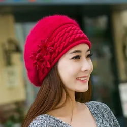 Floral Patchwork Elegant Ladies Knitted Hats Cap Autumn Winter Solid Color Female Fashion Skullies Beret Hat