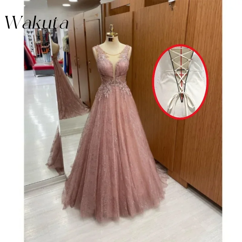 Wakuta luxo coral renda a linha vestidos de baile elegante com decote em v mangas evento de noite especial robe de soiree femme despeje mariage