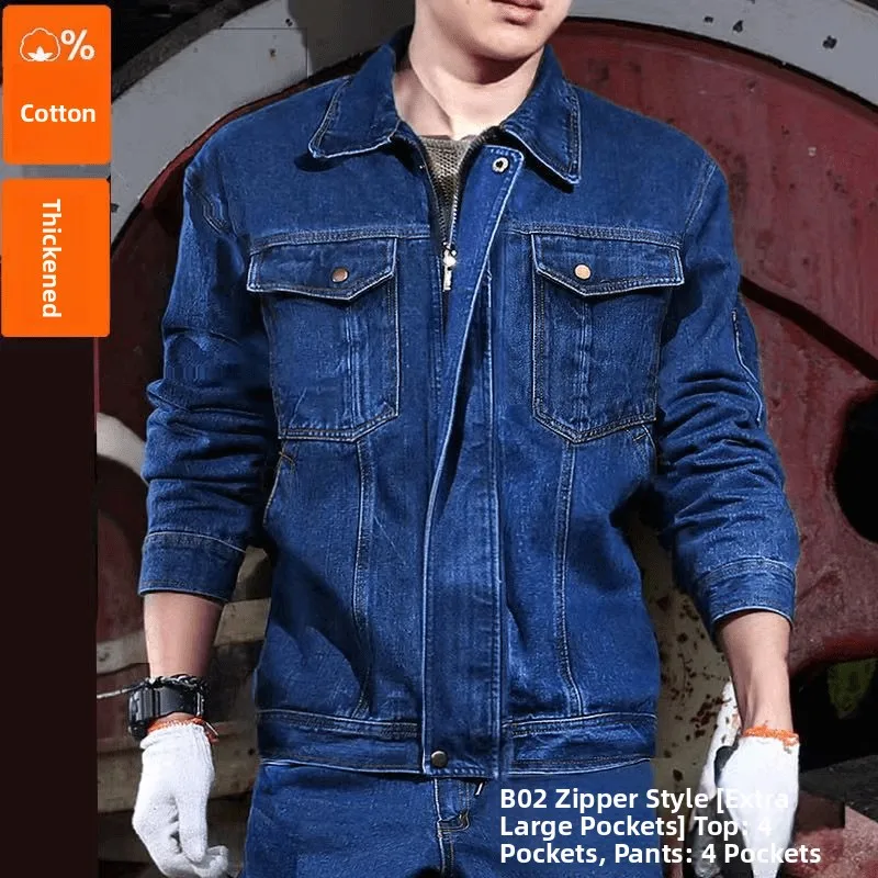 

Thiened Denim Workwear Set for Men Welding Anti-Heat Construction Site Labor Protection Clothing Long Sve Zippe...