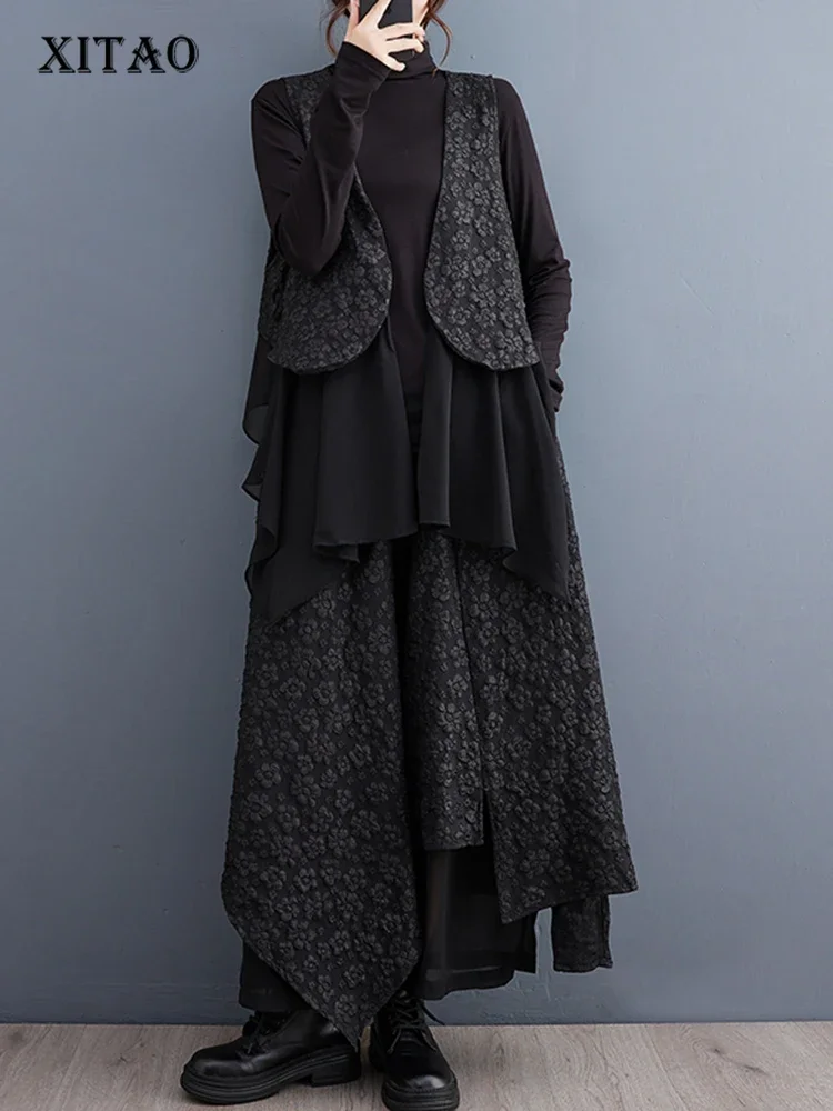 

XITAO Black Fashion Pants Sets Irregular Patchwork V-neck Collar Sleeveless Top Wing Leg Pants Two Pieces Sets Autumn New ZZ0063