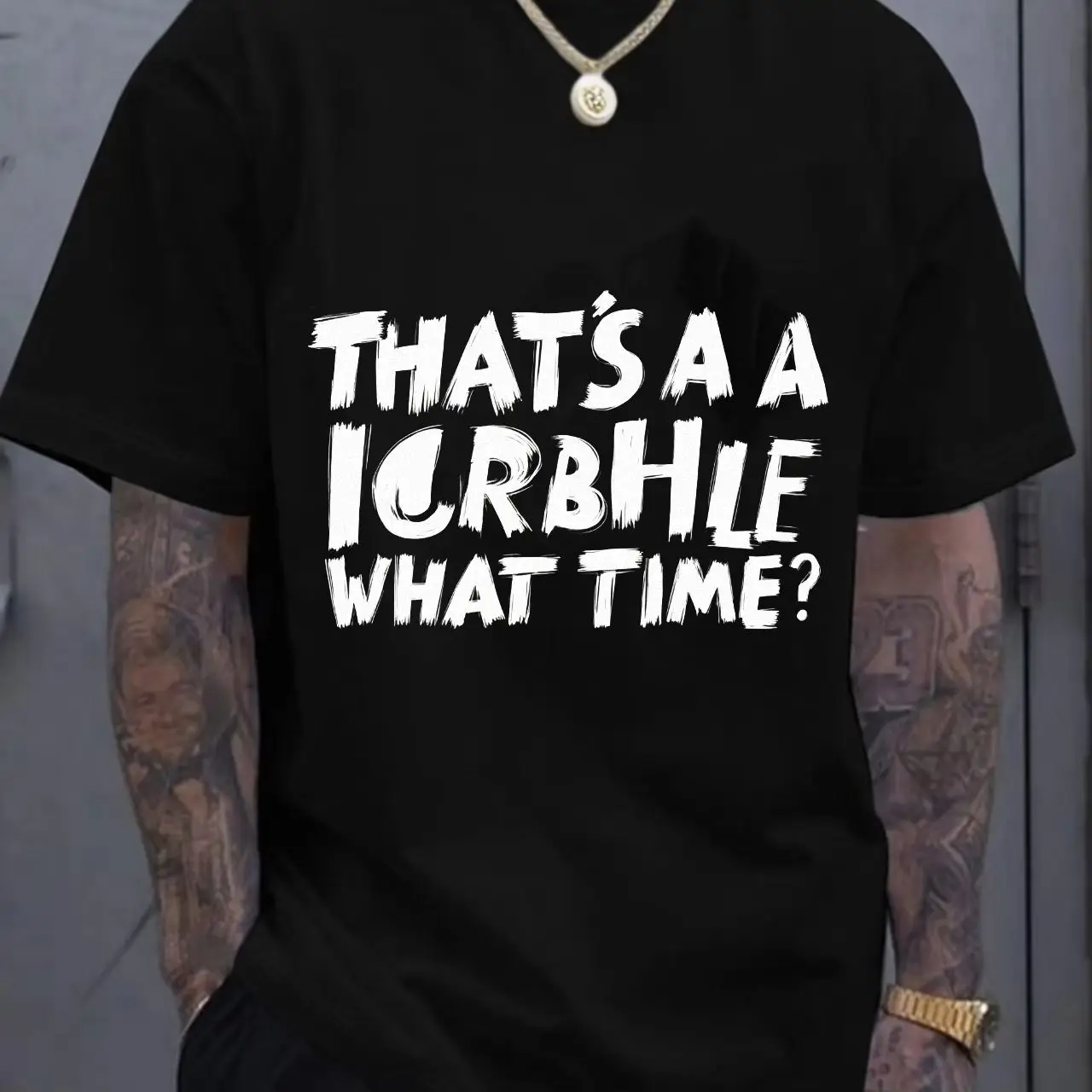 

THAT'S A A IORBHIUE WHAT TIME Distressed Text Printed White Crew Neck Short Sleeve T-Shirt - Plain White Stylish Vertical Stack
