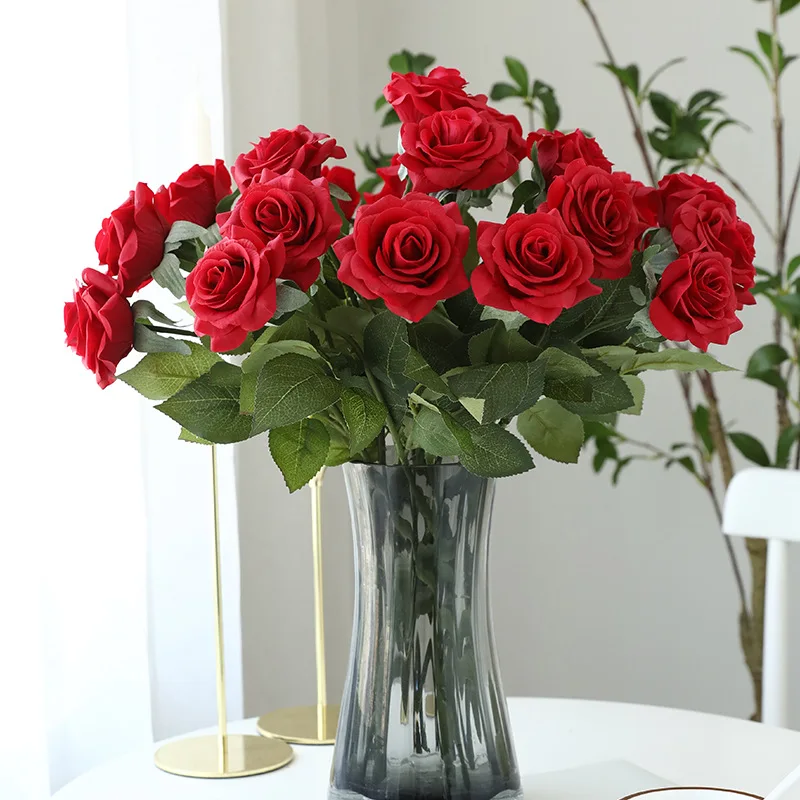 Morden Real Touch Artificial Red Rose Flowers Fake Flower Wedding Home Garden Decoration Valentine's Day Gift