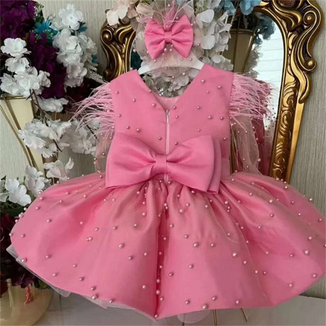 

Satin Pearls Puffy Baby Girls Dresses Toddler First Birthday Party Dress Kid Tutu Outfit Flower Girl Dress Wedding Gown