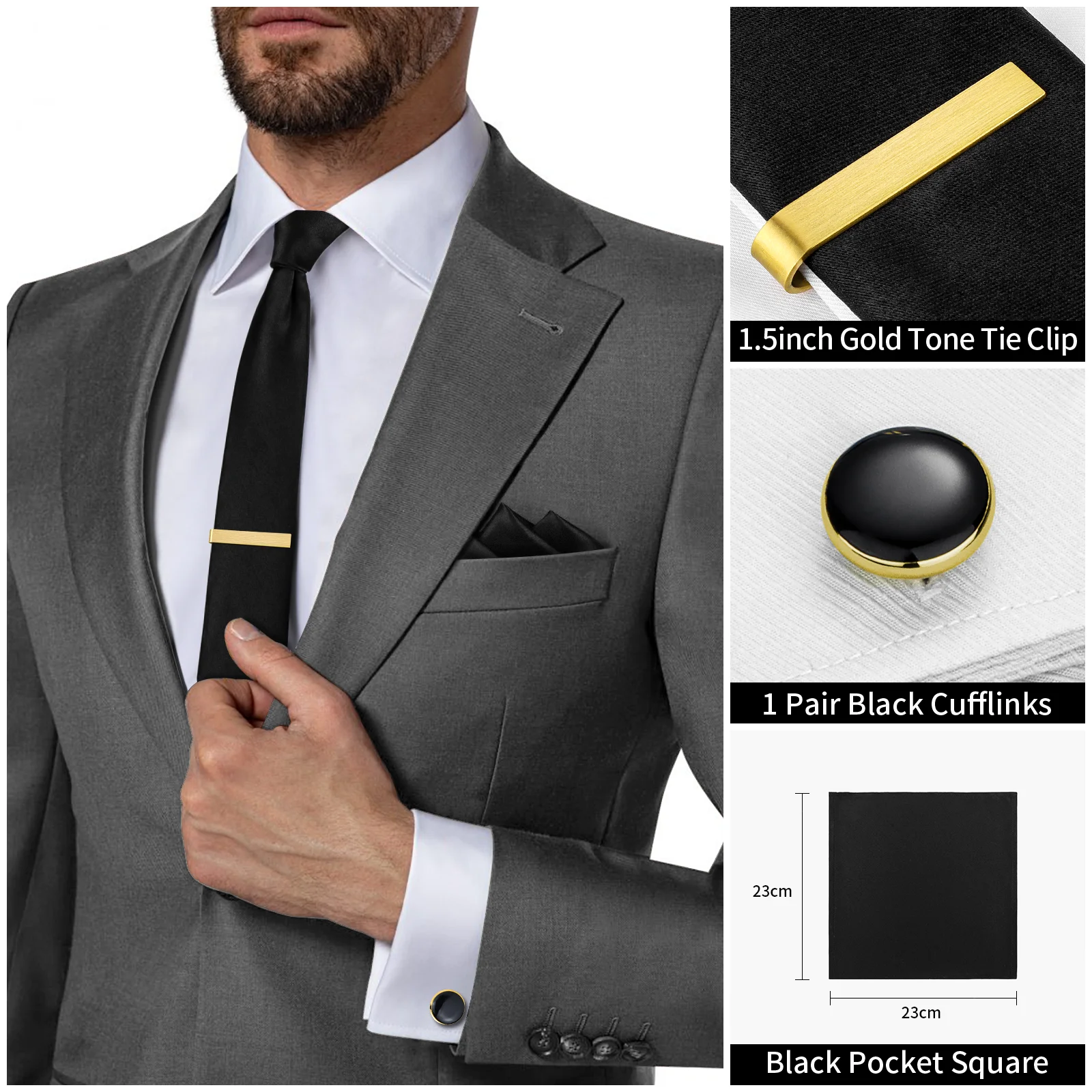 Classic Black Ties for men Tie Clips and Cufflinks Set, Solid Satin kerchief for Father's Day,Anniversary,Wedding and Bussiness.