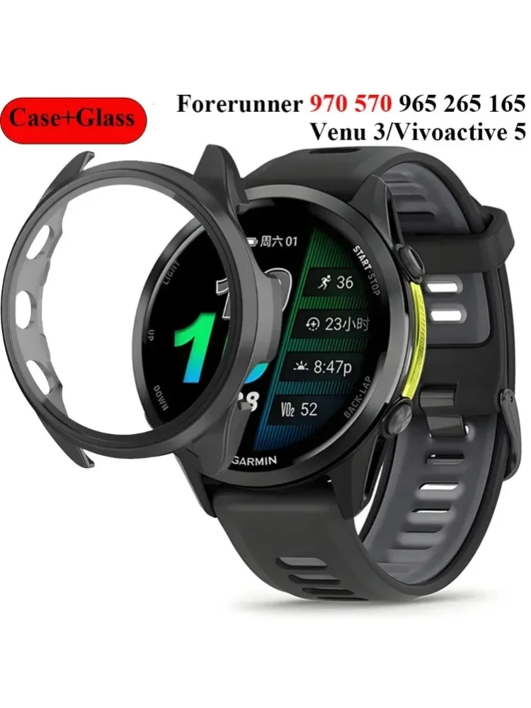 HD-Hartglas + PC-Hülle für Garmin Forerunner 970 570 965 265 165 Rundum-Schutzschale für den Bildschirm Venu 3/Vivoactive 5 Cover