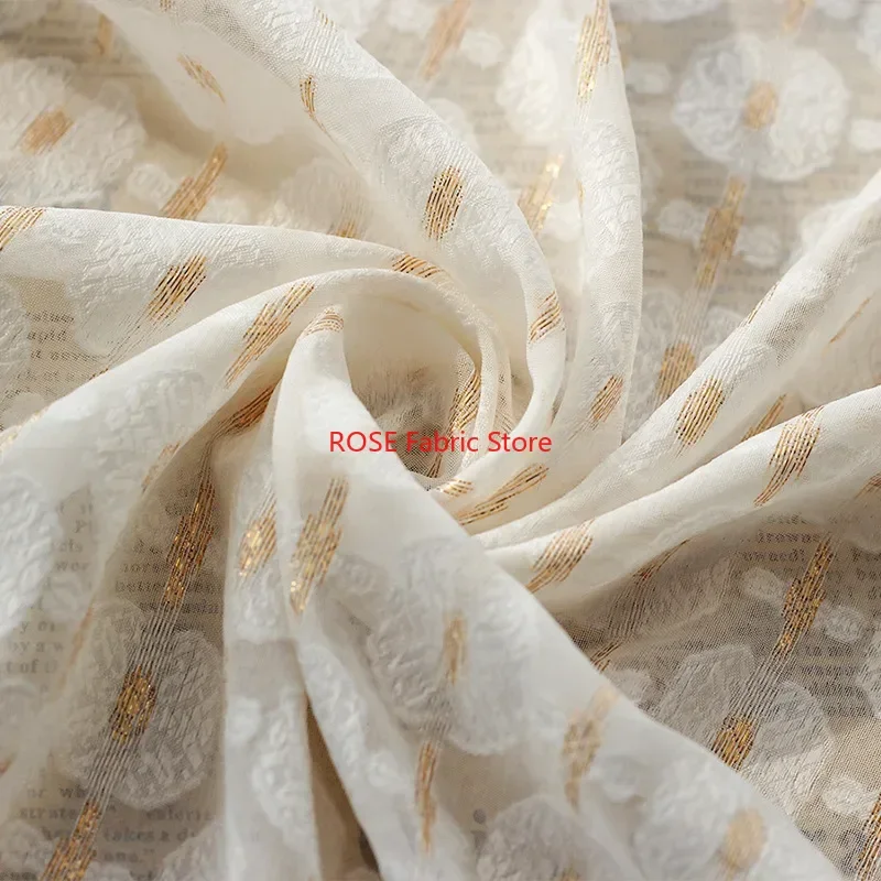 Gold Silk Dots Embroidery Chiffon Fabric Flower Jacquard Tulle Fabric For Clothing Dress, Party Dress, Lace Top, Designer fabric