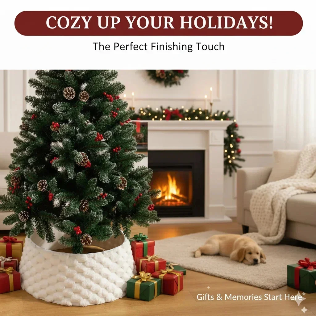 

White Vertical Stripe Tree Skirt Plush Knitted Christmas Tree Bottom Cover For Holiday Party Decor Living Room Ornament