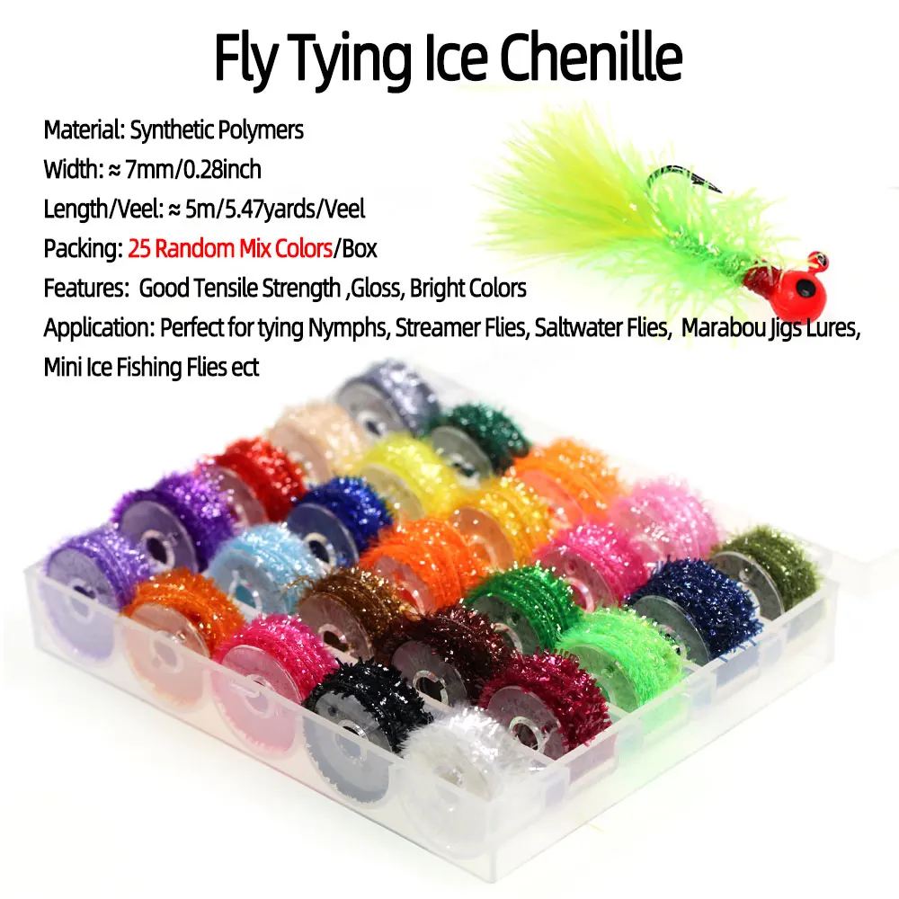 5m/Reel 25pcs Random Mix Fly Tying Ice Chenille Material For Nymphs Streamer Fly Marabou Jig Flies Bobbin Holder Chenille Tool k