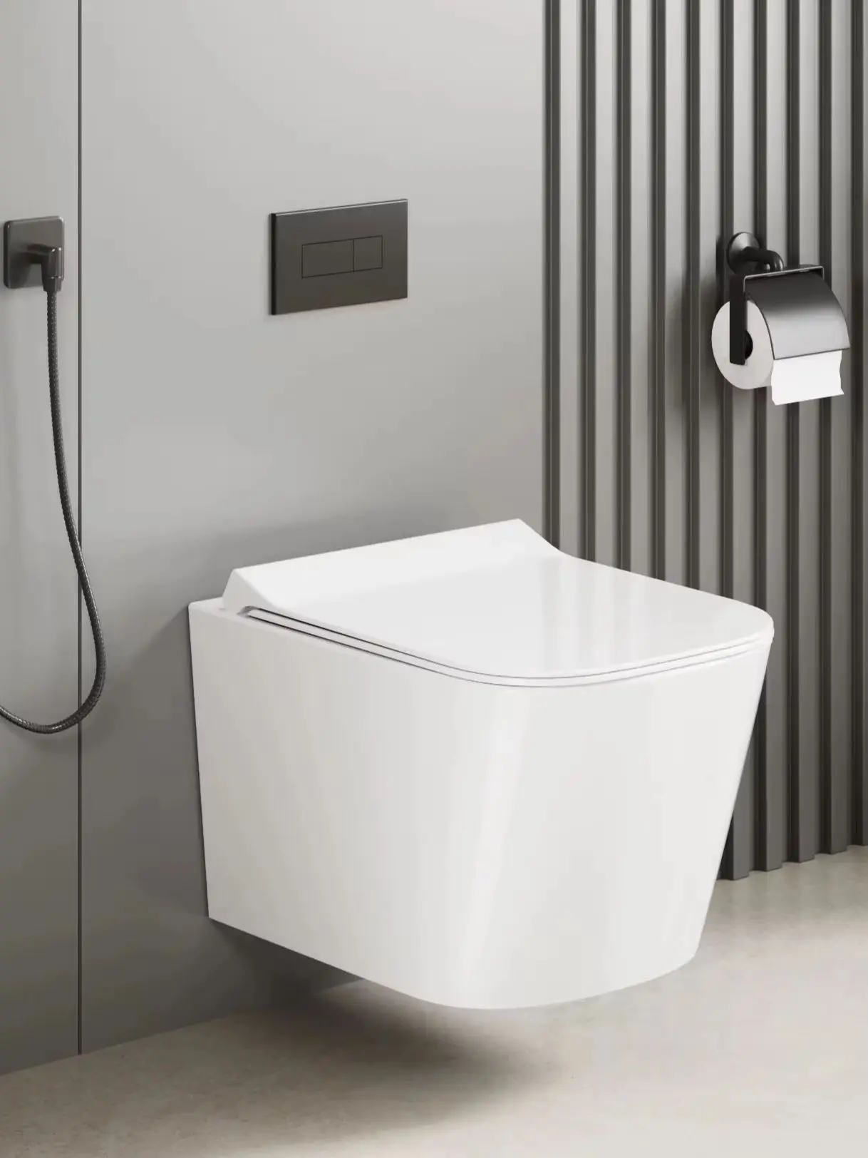 Kommerzielles randloses wandmontiertes D-förmiges/U-förmiges Keramik-WC-Set mit UF Duroplast-Sitz, strapazierfähige Toiletten für öffentliche Bäder, Soft-Close-Deckel