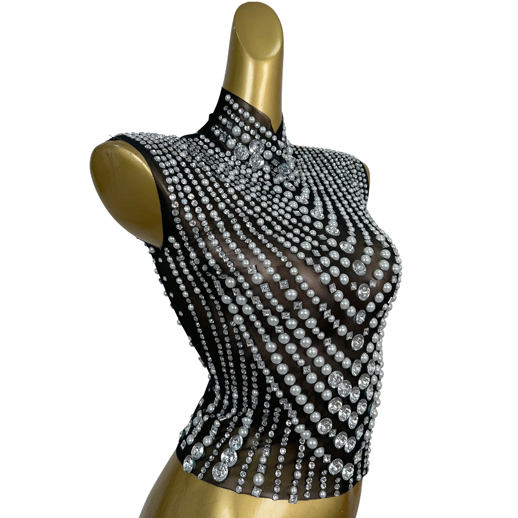 Black See Through Mesh Corset Top Pearl Sparkly Rhinestone Pearls High Neck Back Sexy Women Party Bar Performer Wear Zhenzhuwang