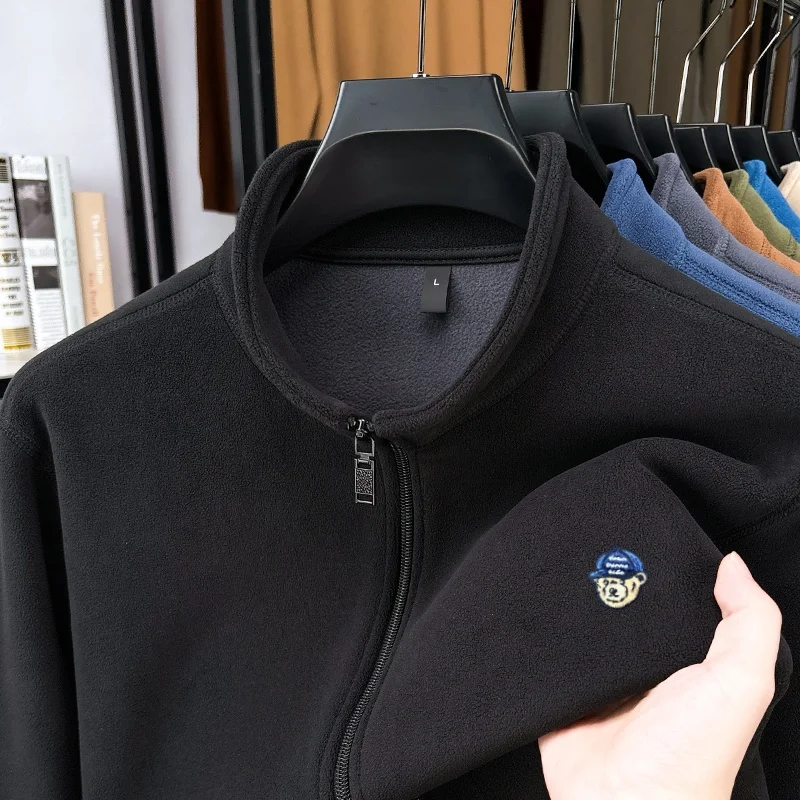 

Men's outdoor fleece jacket autumn winter long sleeve luxurious warm casual stand up collar coat exquisite bear hat pattern logo