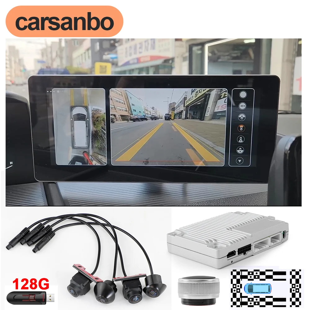 Carsanbo 10.25 Inch IPS Touch Monitor 360 Degree Camera System for Car 4CH DVR Recording Parking Cameras with Calibration Cloth