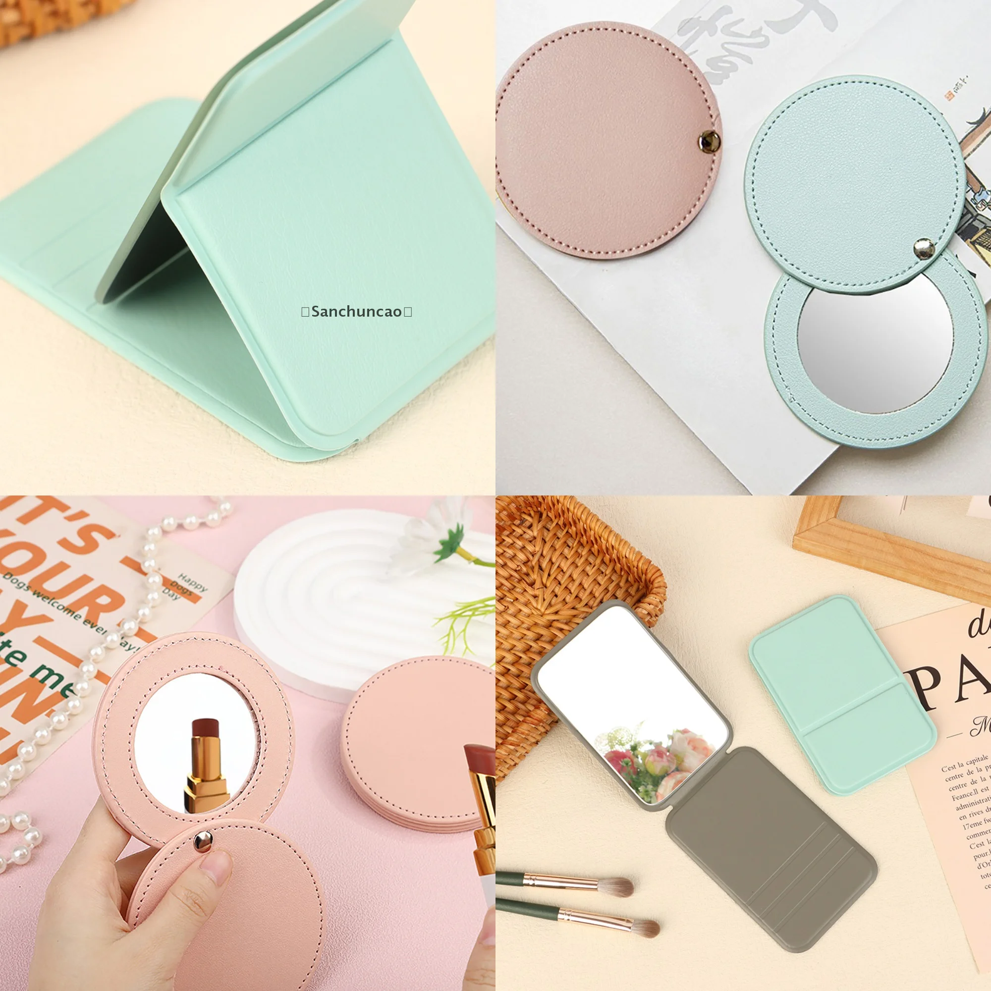 〔San〕Mini PU Desktop Makeup Mirror Portable Adjustable Makeup Stand Mirror Foldable Pocket Compact Vanity Cosmetic Mirrors
