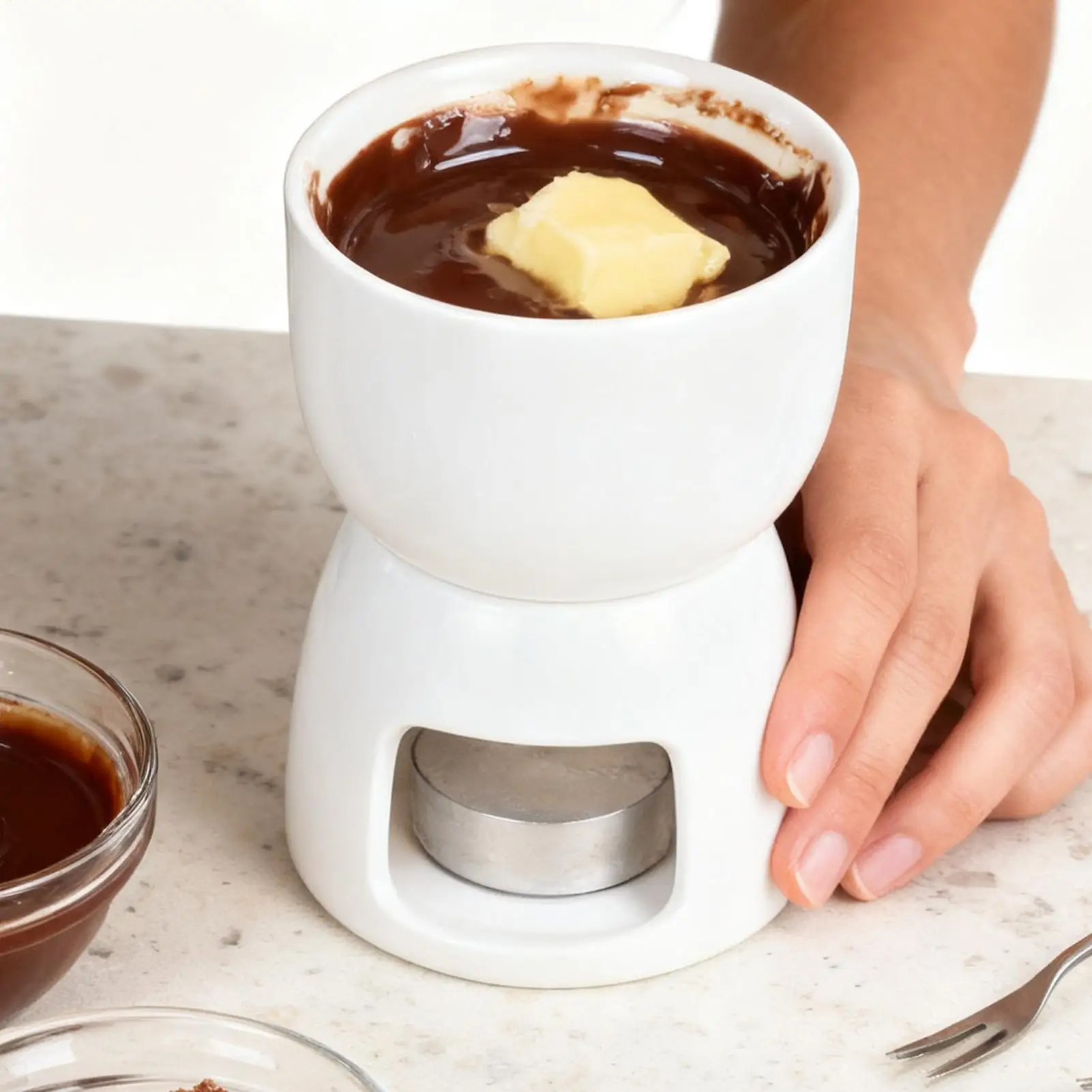 Taza de Fondue dulce calentador de cerámica con 2 tenedores taza de fusión de Chocolate de 150ML para inmersión de queso postre bebida cena boda