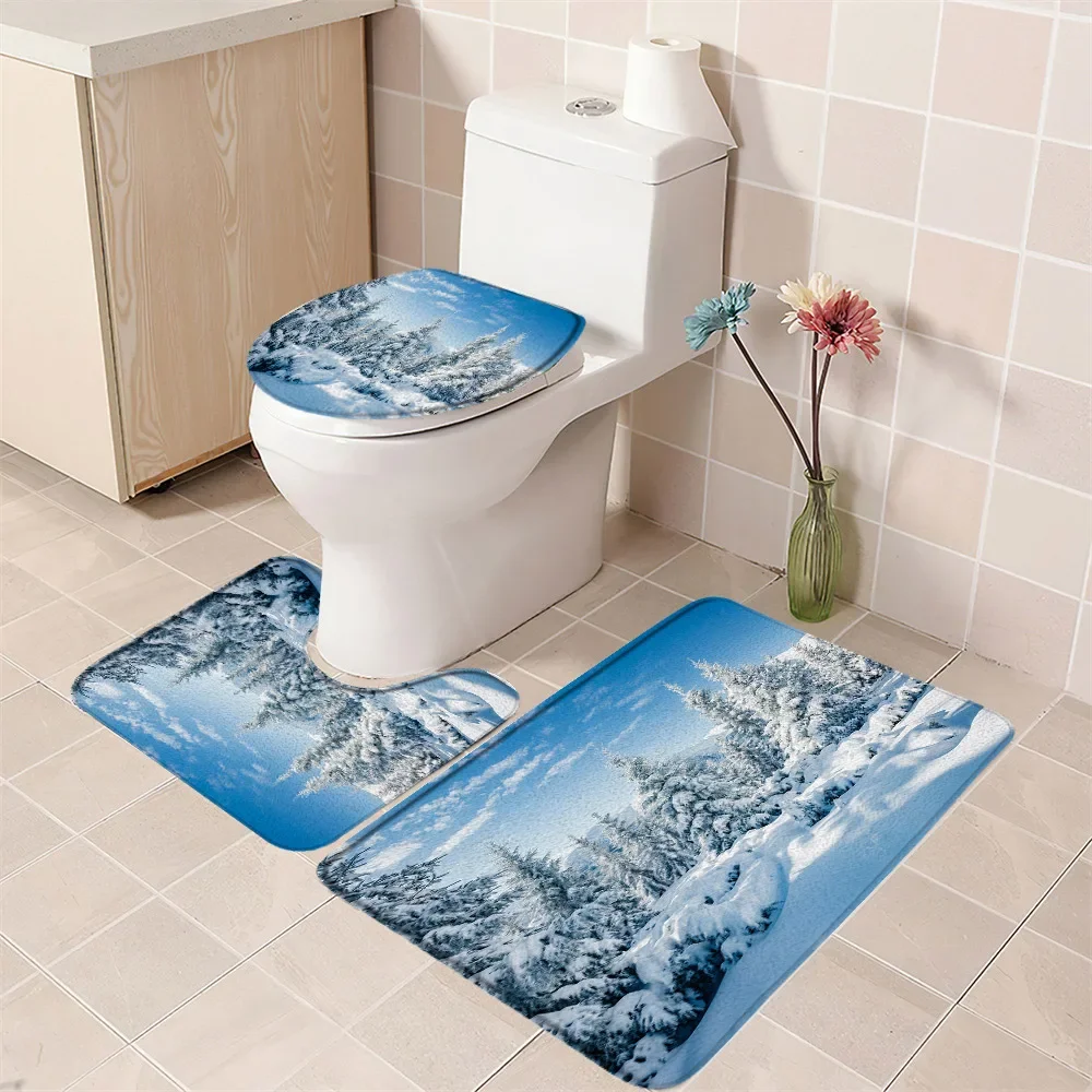 Winter Forest Snowy Bathroom Rug Set Christmas Gift White Ice Bear Christmas Tree Happy New Year Bath Mat Toilet Mat Toilet Deco