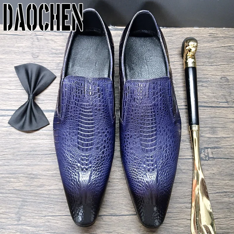 Luxury Men Leather Shoes Blue Crocodile Print Pointed Toe Slip on Casual Mens Dress Shoes Wedding Office Loafers For Men