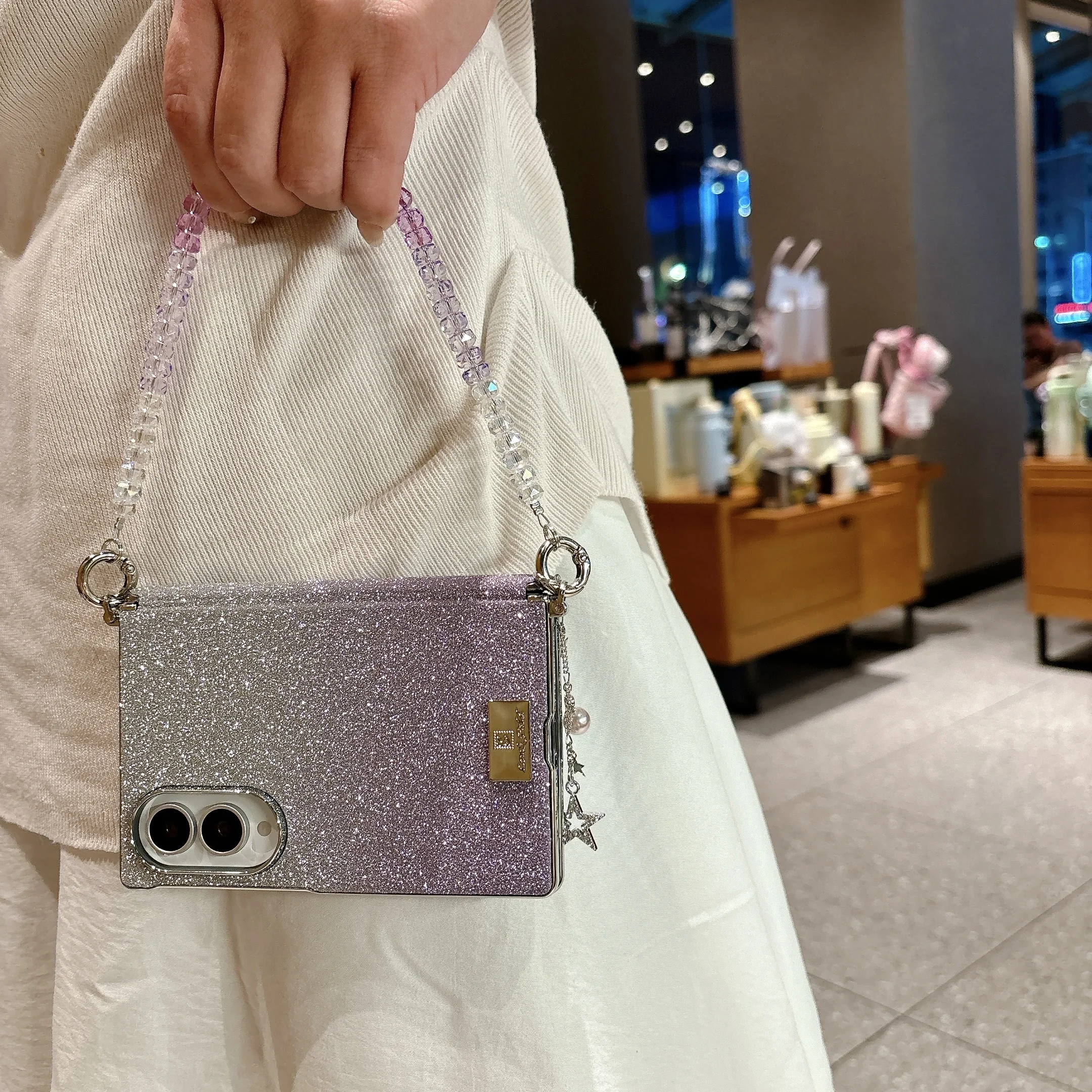 Luxury Fashion Gradient Glitter Leather Phone Case for Samsung Z Fold 8 Wide Hinge Protection Shockproof With Wrist Strap Cover view 4
