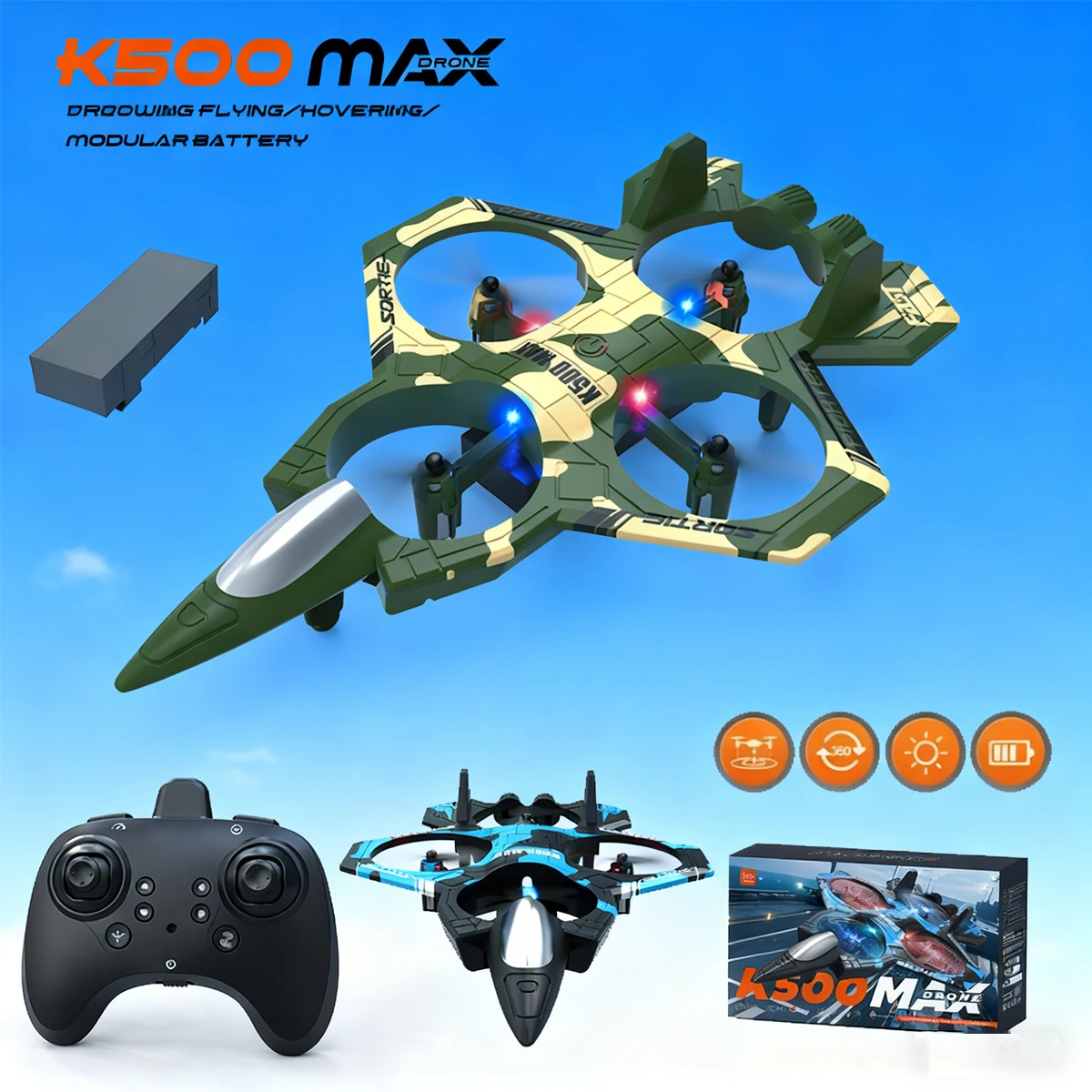 K500 MAX RC Plane Fighter 2.4G Remote Control Stunt Glider 360 ° Rolling Flight Flying EPP Foam Airplane with LED Toys for Adult
