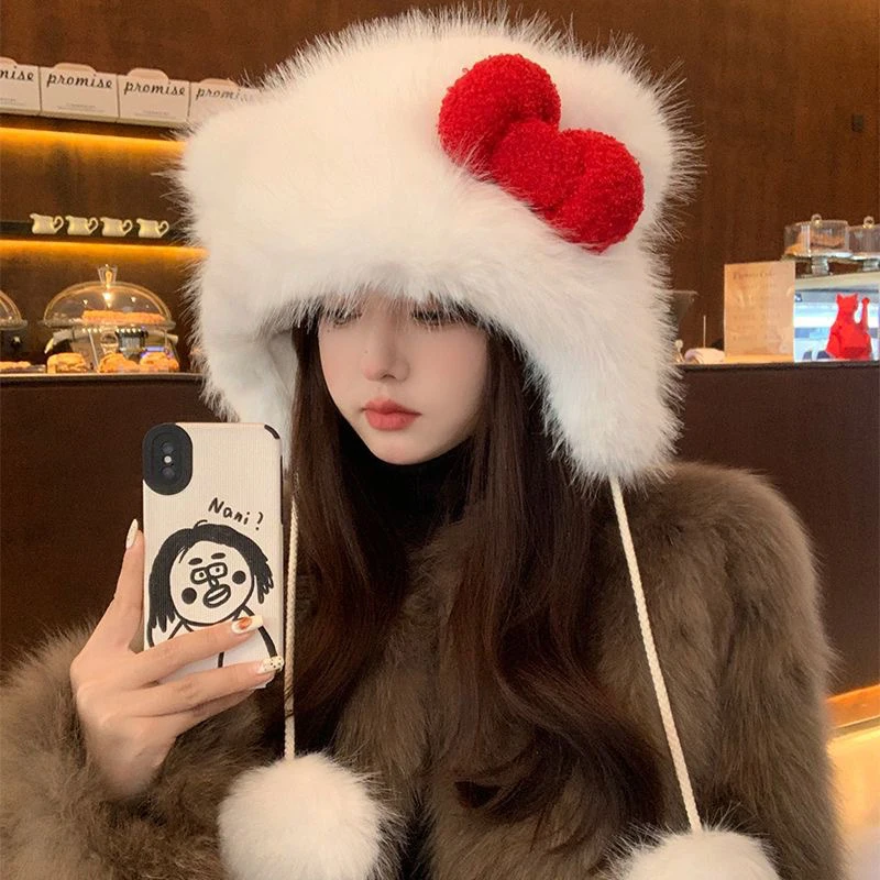 หมวกผ้ากำมะหยี่ลายคิตตี้น่ารักหมวก Y2K โบว์การ์ตูนหมวกกันหนาวป้องกันหูหมวกกันลมของขวัญคริสต์มาสเด็กสาวหวาน