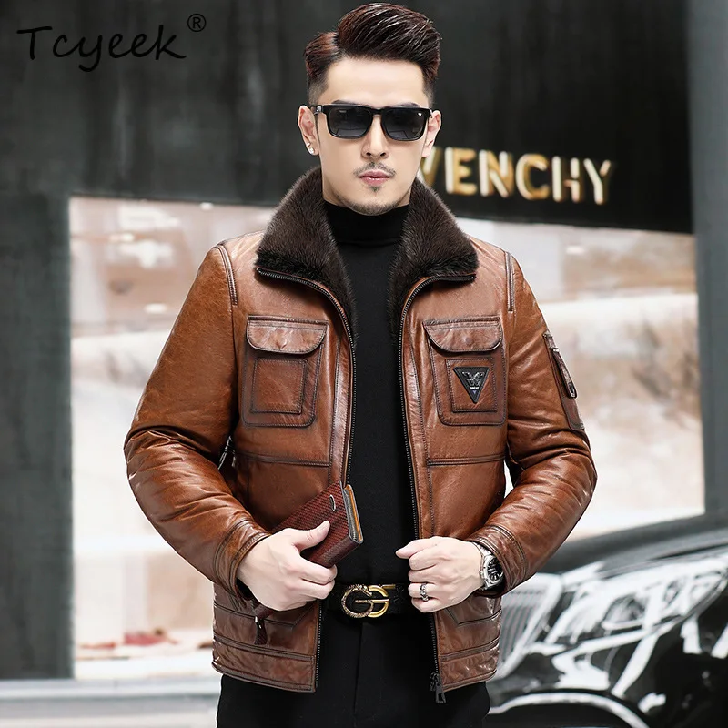 Tcyeek Top Layer Sheepskin Real Leather Jacket Men Clothing Warm Winter Jacket Mink Real Fur Mens Jackets Trendy Oil Waxed 2026
