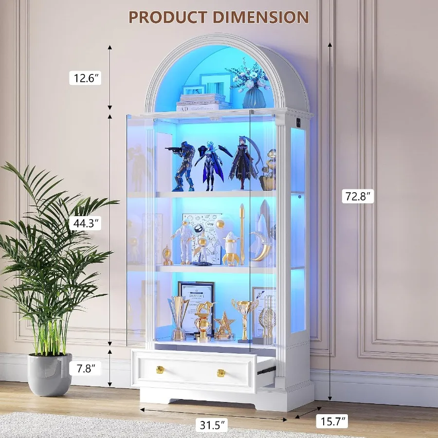 Arched Display Cabinet with Glass Doors, 72" Tall Curio Cabinet with Human Sensor Lights, 4-Tier Display Case for Collectibles view 2