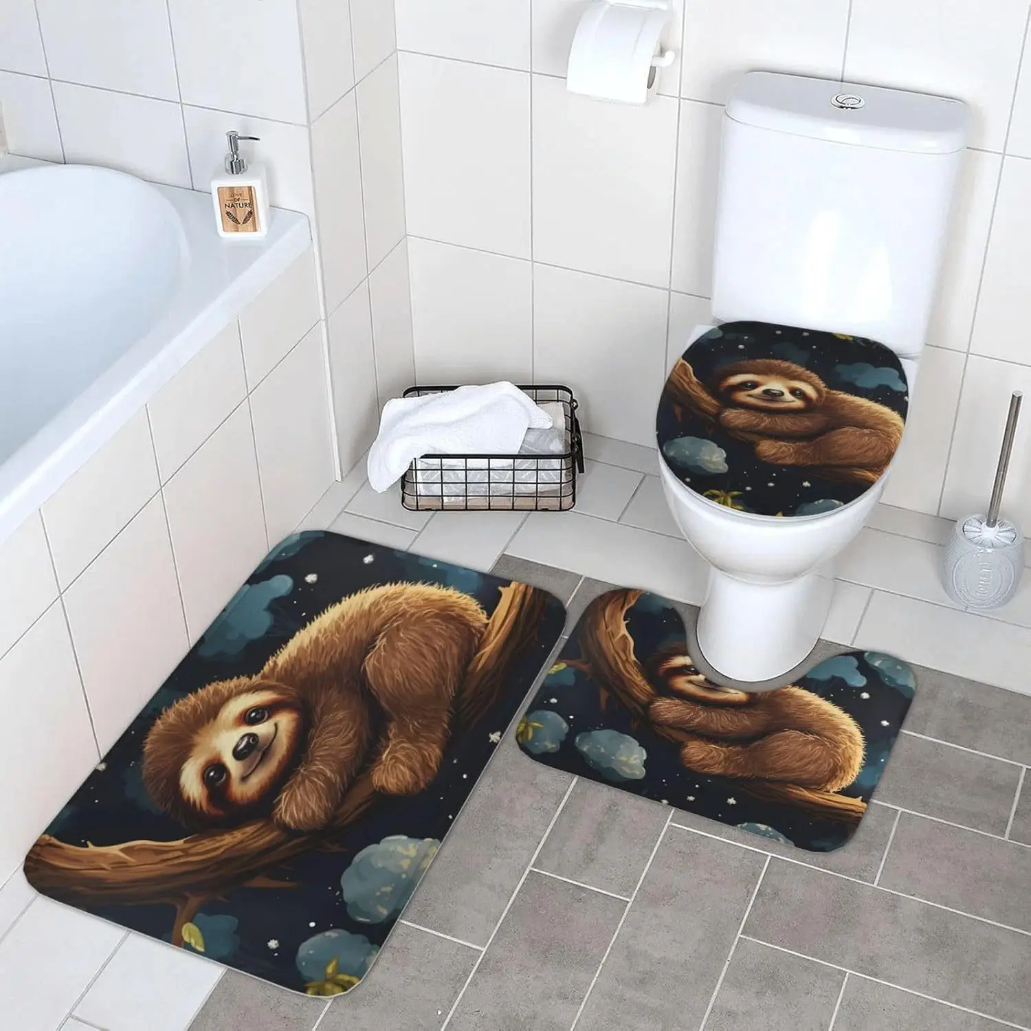 3pcs sloth sleeping pattern bathroom floor mat, made of soft flannel material, non-slip and washable. It is used for bathroom ho