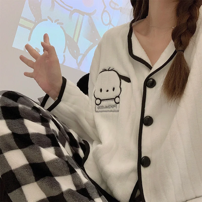 Sanrio Stitch Disney Soft Plush Pajamas Suits Cute Cartoon Fleece Long Sleeve Cardigan Long Pants Two Pieces Sets For Women