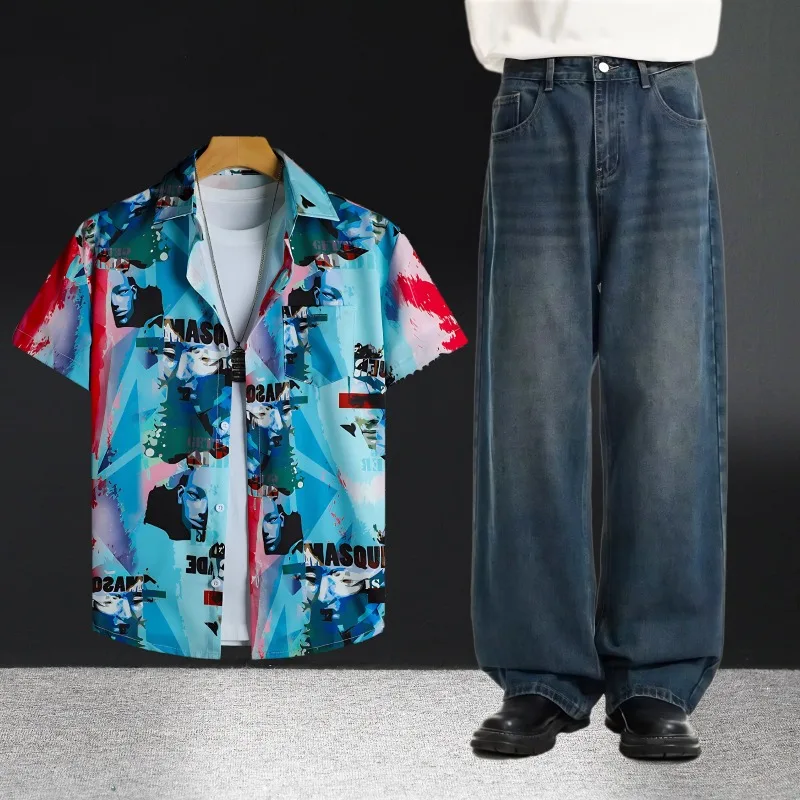 

Mens Casual Summer Outfit Short Sleeve Print Shirts and Jeans Two Piece Set Thin Comfortable Tops