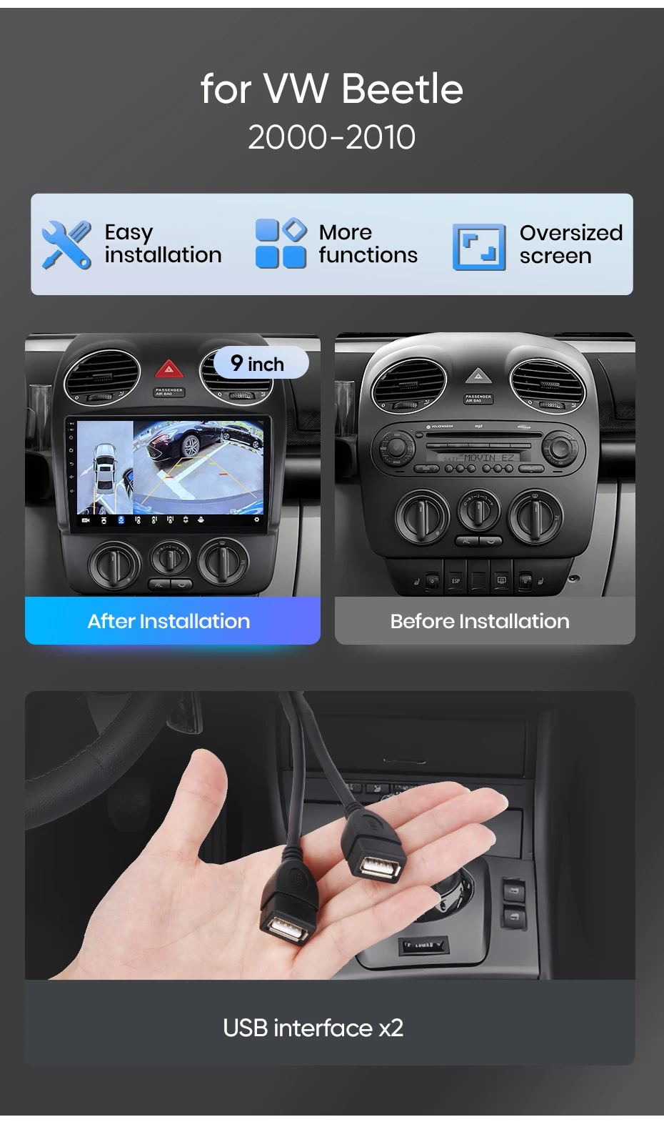 Junsun Autoradio für VW Volkswagen Beetle 2000 2001 - 2010 CarPlay Android Auto FM RDS DSP BT GPS Navi SWC HD IPS Touchscreen Plug & Play Multimedia-Player Freisprecheinrichtung Original-Autostil-Haupteinheit – Detail 2