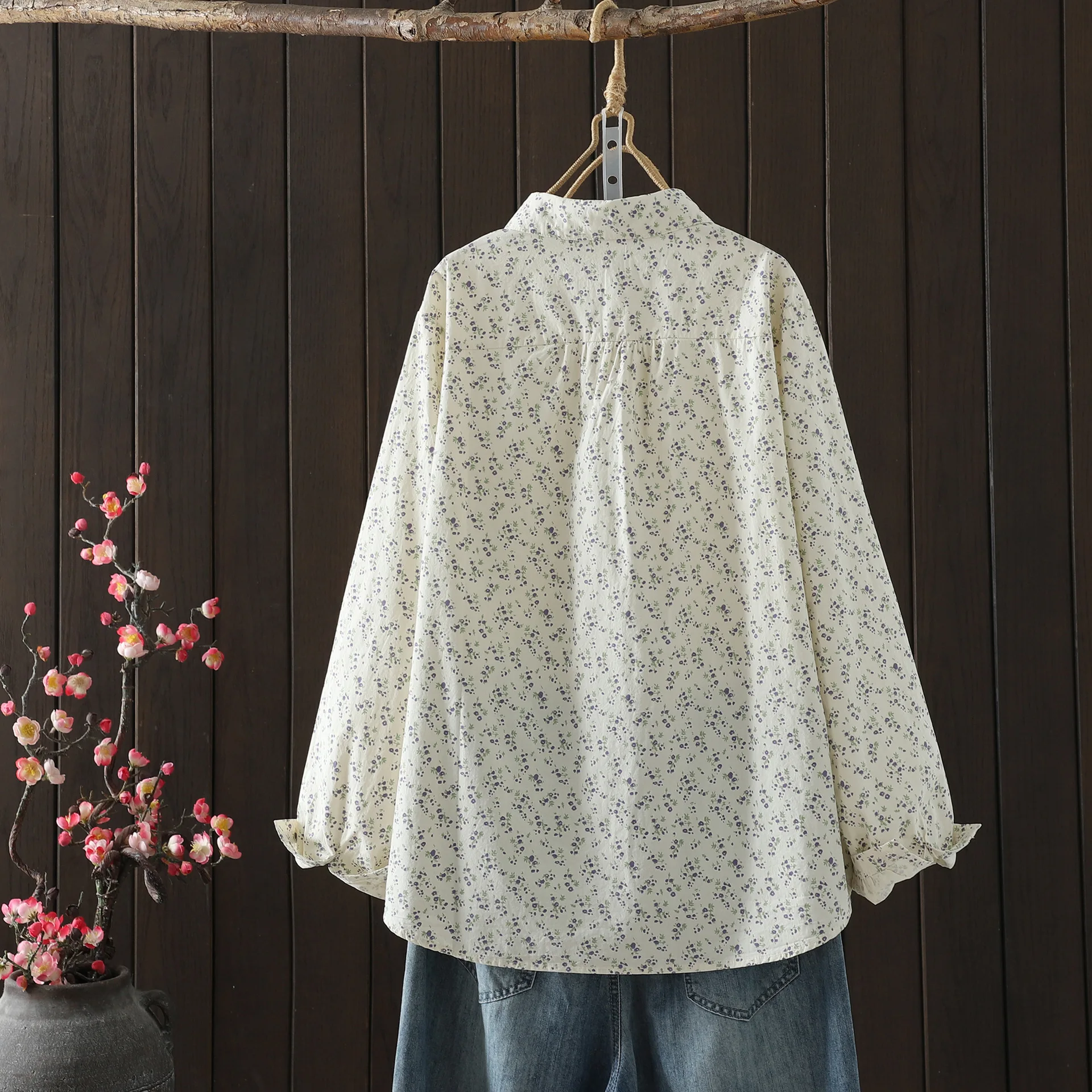 جديد 2025 الخريف قميص قطني بكم طويل ، المرأة بدوره إلى أسفل طوق المطبوعة ، موري فتاة الفرنسية تخفيف بلوزة فضفاضة غير رسمية T58648CC