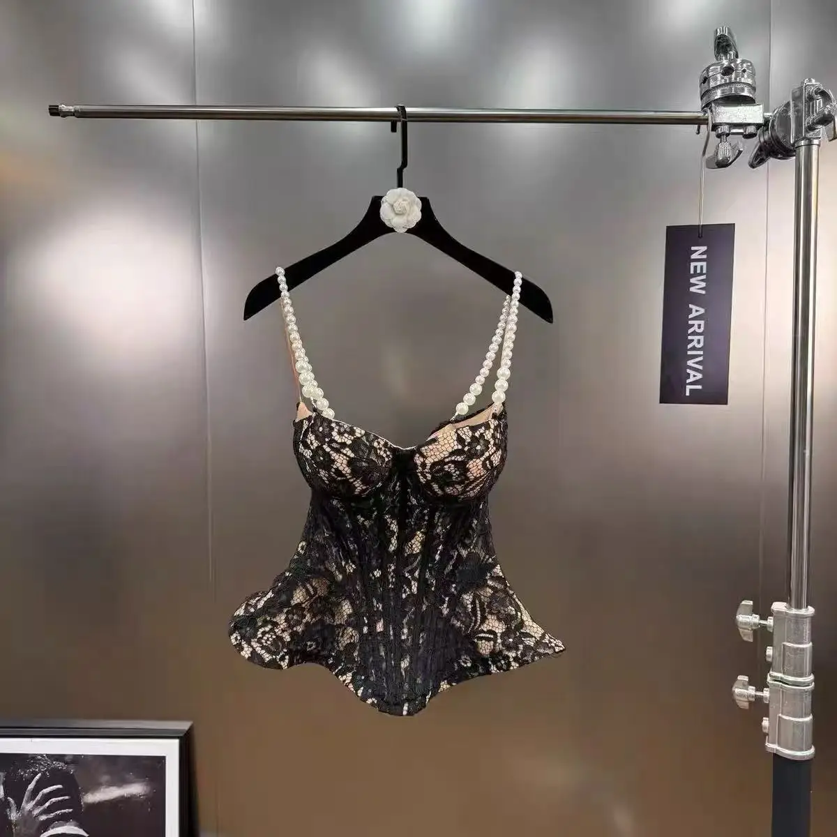 Y2K Pearl Strap Bustier Top: Lace-Up Corset Tank with Fishbone, Hollow Out Ruffle Cami for Slimming Silhouette