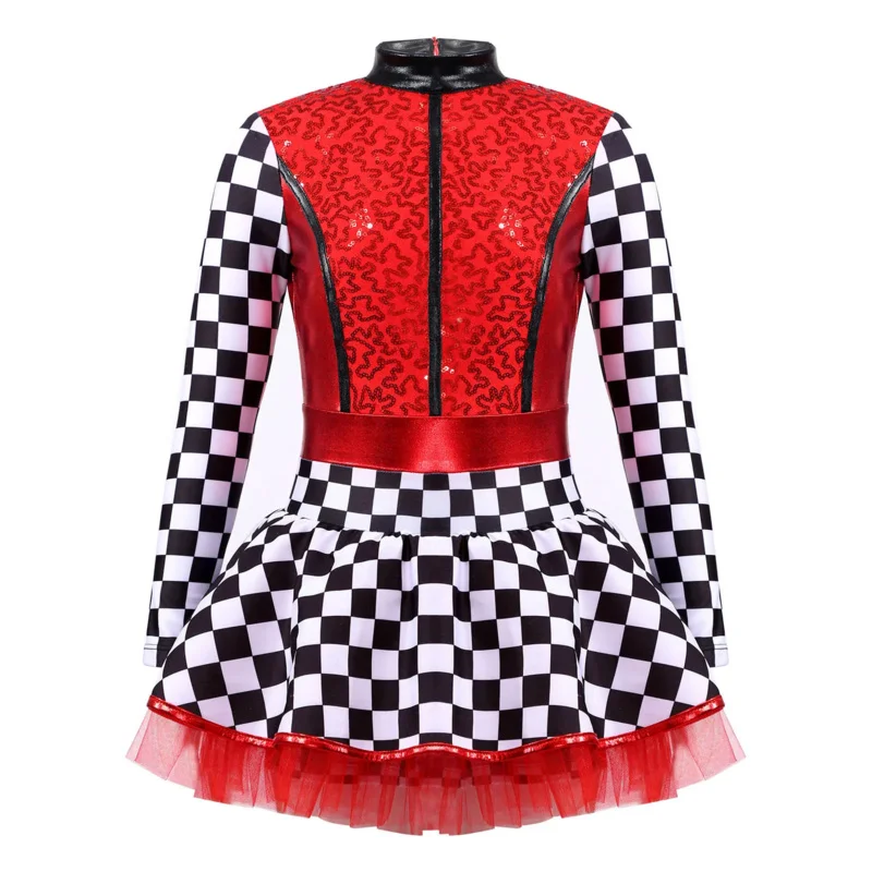 Costume de pom-pom girl imprimé en damier pour enfants, robe de carnaval d'Halloween, combinaison de conducteur de course infectieuse, cosplay de fête