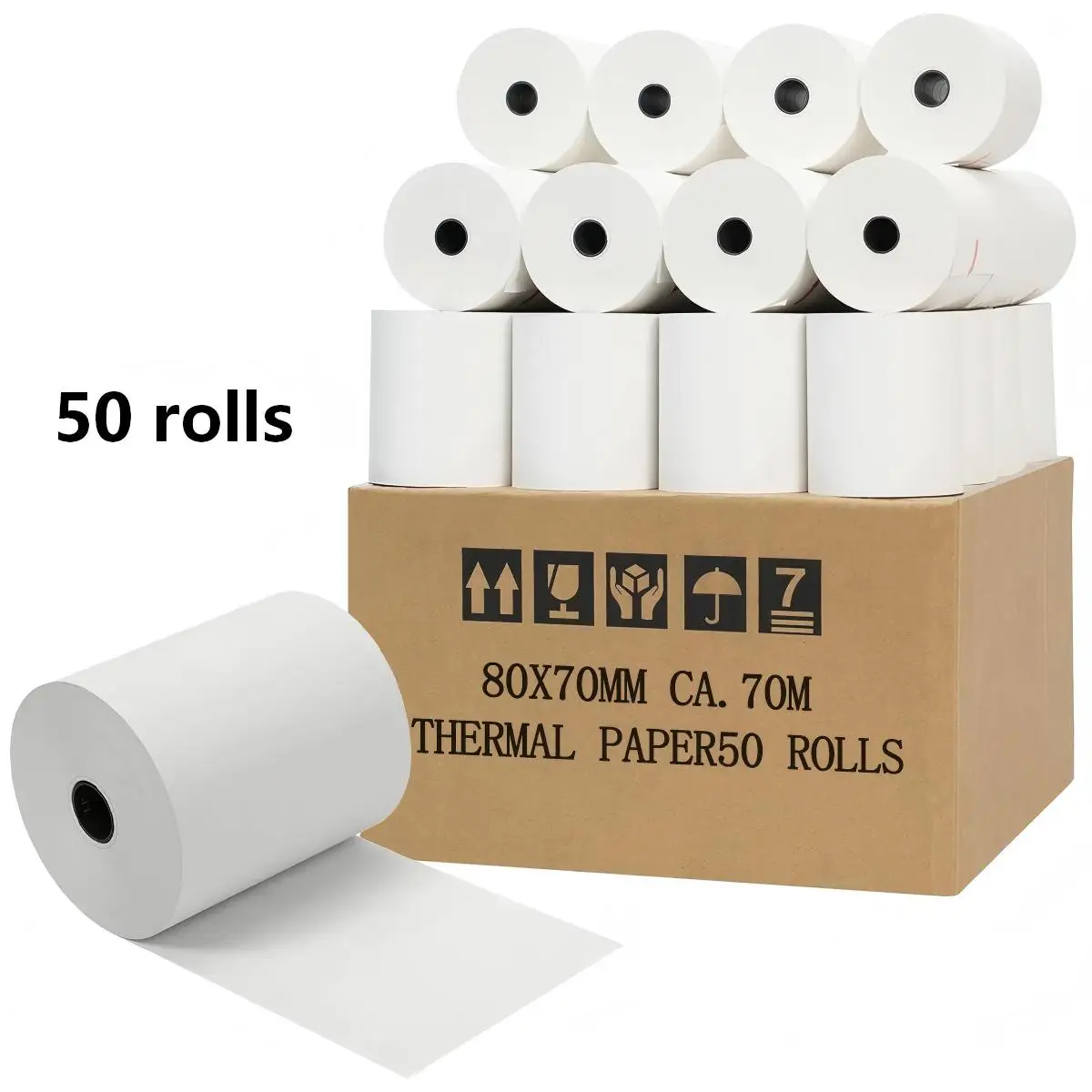 50 rollen thermisch papier, 80 mm x 70 mm x 70 m, 70 m lang per rol, geschikt voor kassa's en bonprinters, papiergewicht 45g.