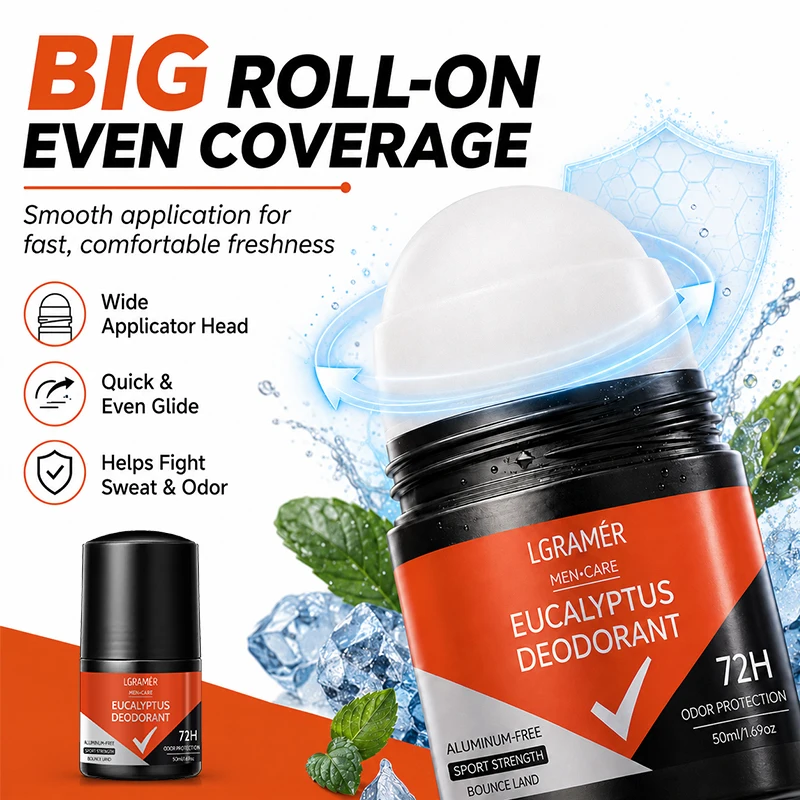 Men Eucalyptus Roll On Deodorant Aluminum-Free 72H Long Lasting Sport Odor Eliminator Natural Refreshing Underarm Sweat Control