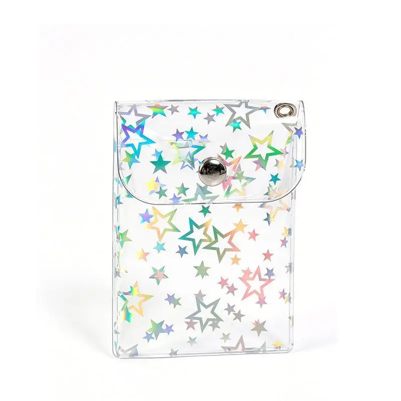 Transparent PVC Card Holder Glitter Star Design Snap Button Keychain For Kpop Photocards ID Cards Daily Use