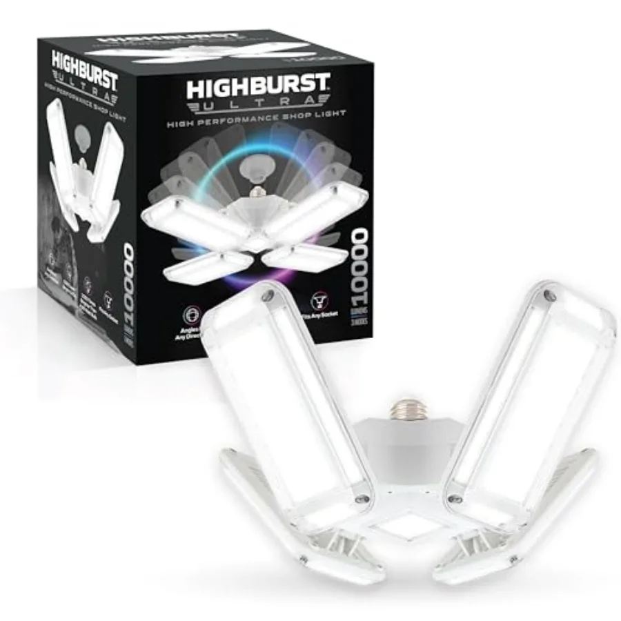 

Светодиодная лампа HighBurst Ultra для гаража, 10000 люмен, сверхъяркая, потолочная, с креплением на винтах - регулируемая многопанельная конструкция для гаража