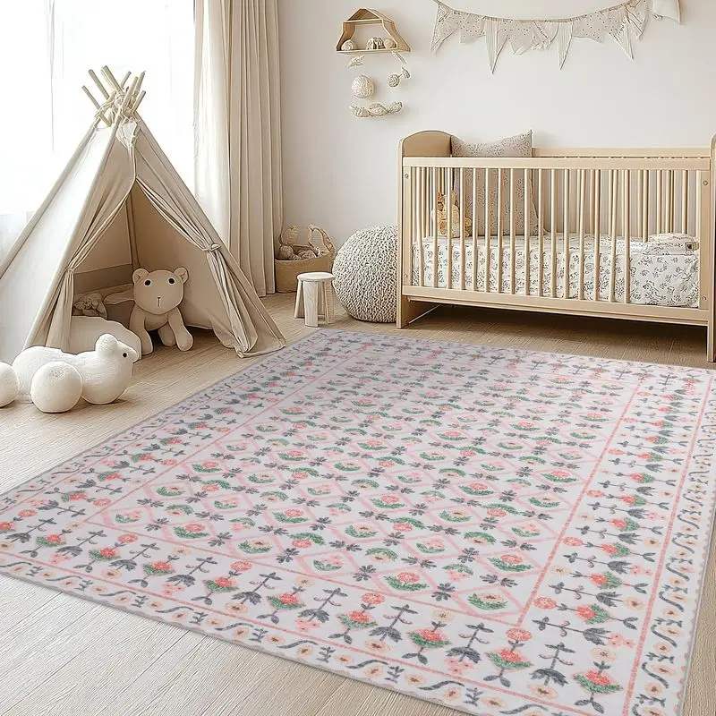 VIKAMA French Country Floral Checkered Rug Non-Slip Living Room Carpet Noise-Reducing Bedroom Rug Home Decor Aesthetic Vintage