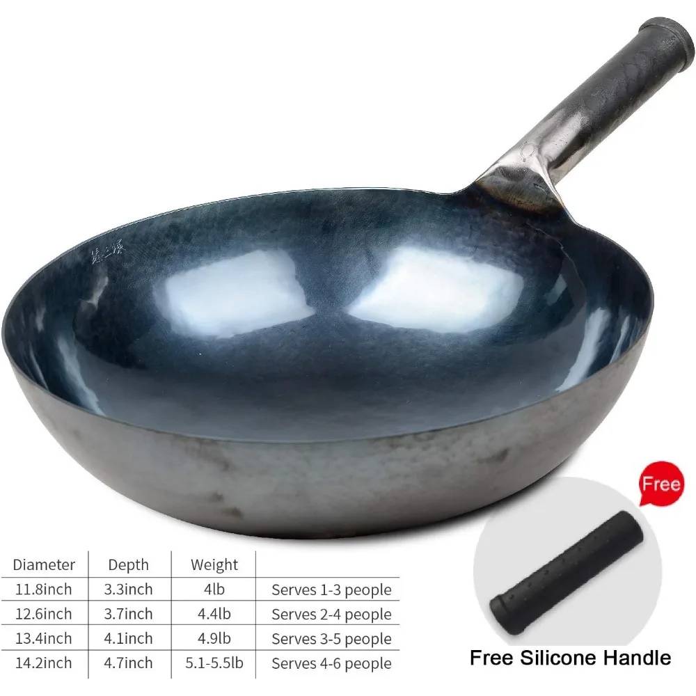 Woks en fer martelés à la main chinois, pow en acier au carbone, poêles à remuer, antiadhésifs, sans revêtement, 34cm, bleu, noir assaisonné