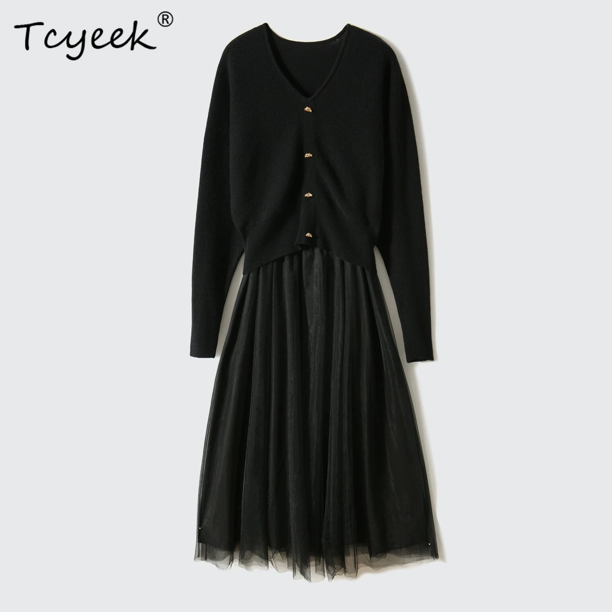 

Tcyeek-2024 Women New Elegant Sets, 90% Wool 10% Cashmere, Chic Soft Sweaters, OL Party Mesh Skirt, Autumn Winter S40303QM