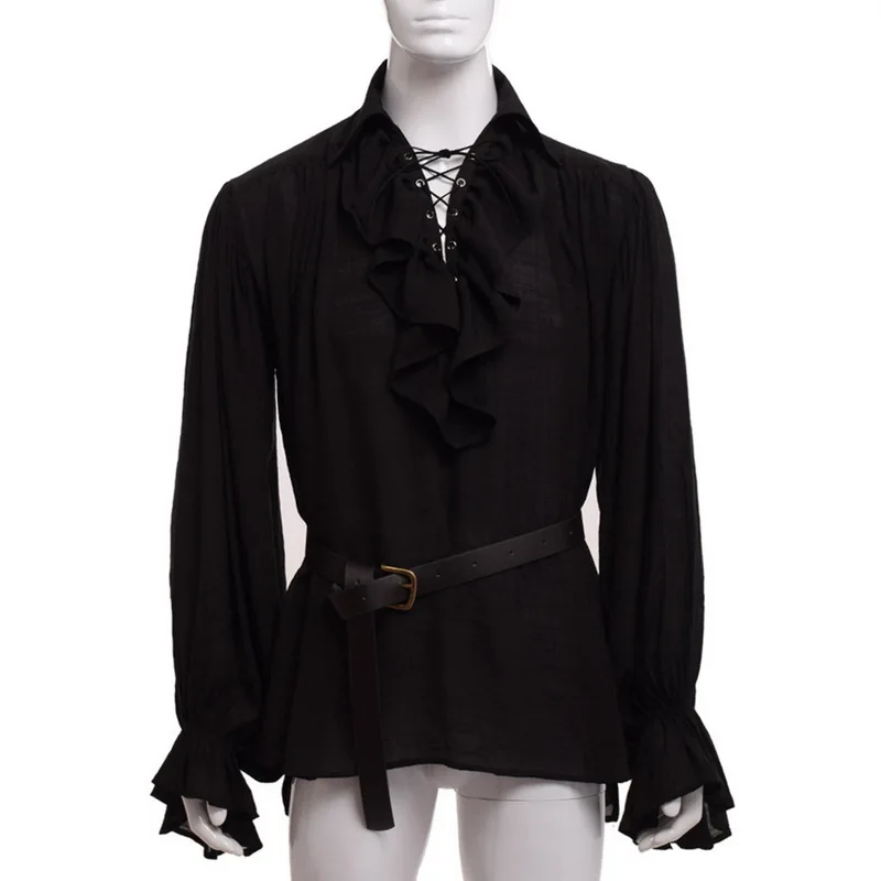 Groothandel Middeleeuwse Renaissance Vetersluiting Shirt Bandage Tops Ruches Shirt Mode Mannen Vintage Kostuum Pluizige Lange Mouw Mannelijke
