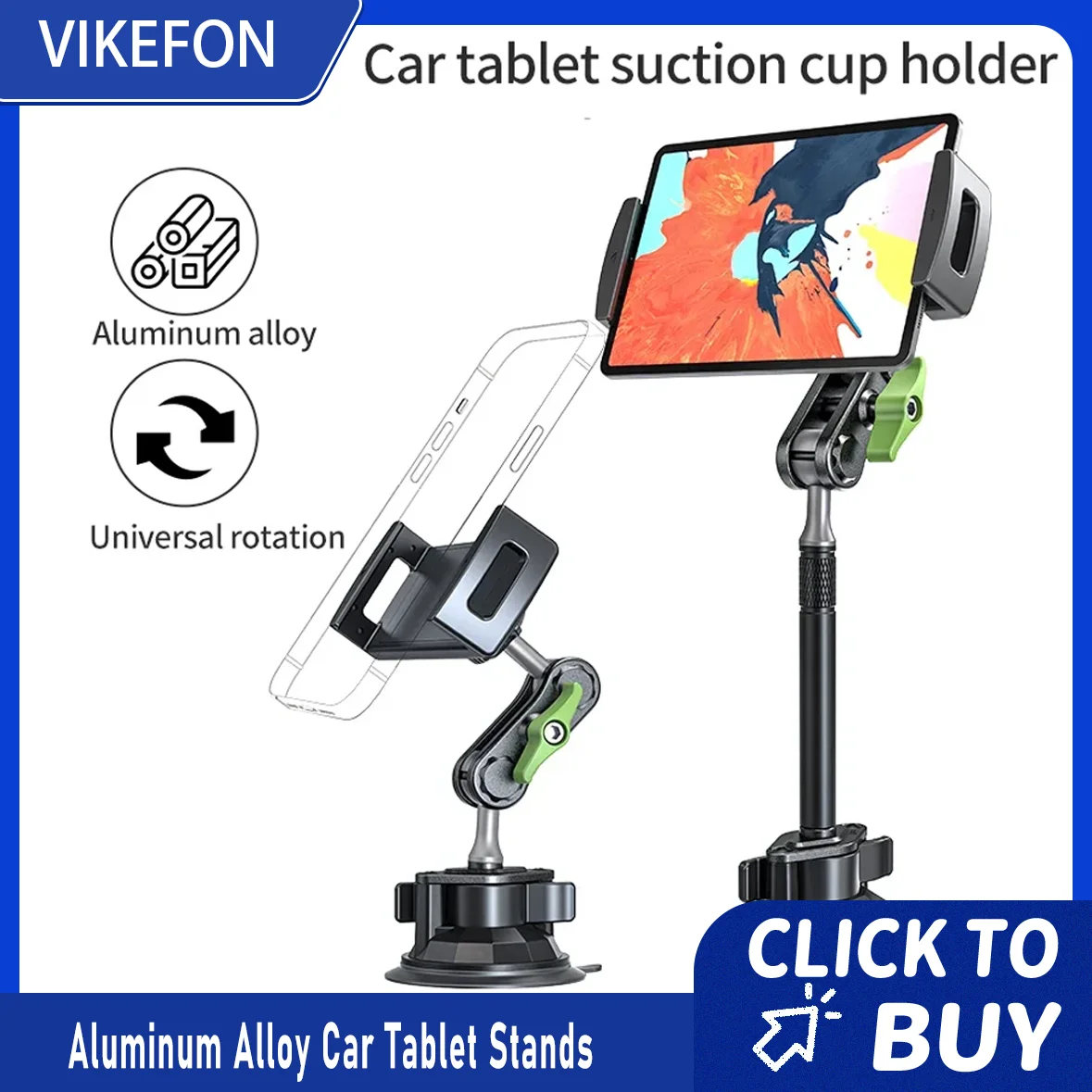 VIKEOFON Aluminum Alloy Car Tablet Stands 360° Rotation Adjustable Holder & Suction Cup Phone Mount For iPad iPhone 4-12.9 Inch