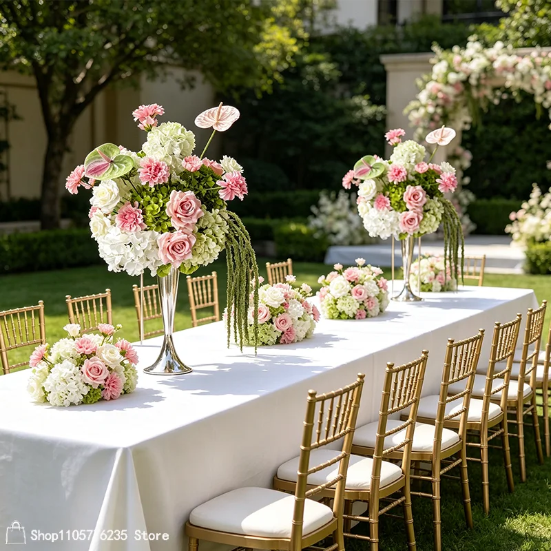 Rosa-weiße Hortensien-Rosen-Anthurien-Kunstblumen-Arrangement Hochzeitstisch-Mittelstück Hängender grüner Amaranthus Partydekoration – Detail 3