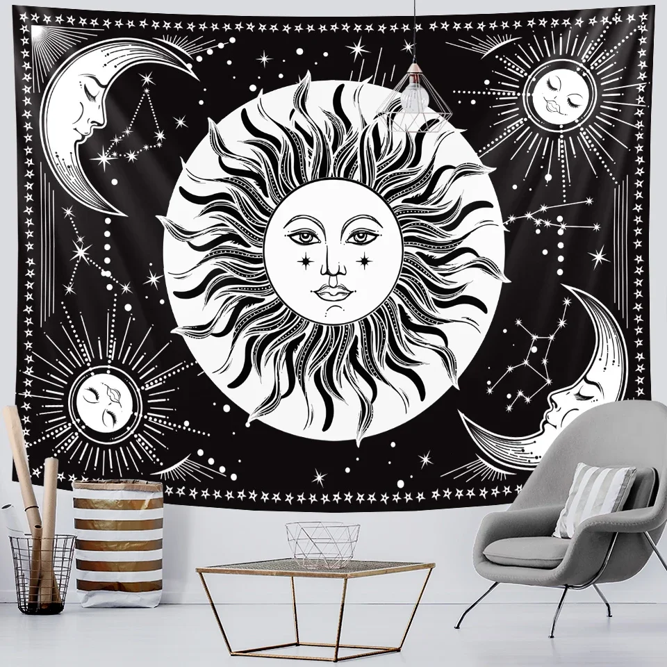 Black and white sun and moon home decoration tapestry hippie bohemian decoration psychedelic scene background cloth yoga mat