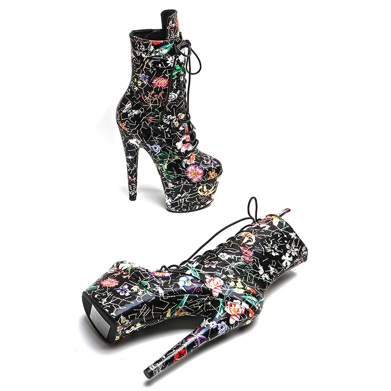 Leecabe  17CM/7inches  PU  Upper  Flower patteHigh Heel platform Boots Closed   toe Pole Dance boots