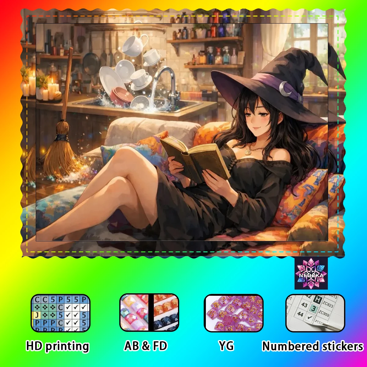 

【NEDEKA_ Diamond Art】The little witch is reading a book. Crystal AB Rhinestone FD Rhinestone Perfect Resin Diamond